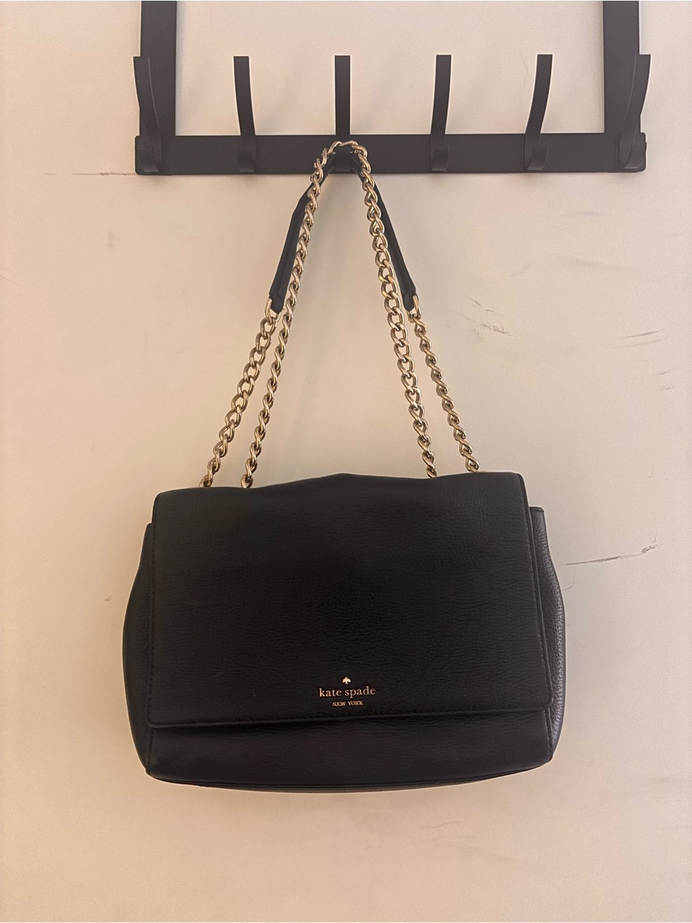 kate spade Black Leather Shoulder Bag with Gold Chain Handles